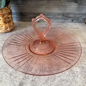 Pink Depression Glass Anchor Hocking Mayfair Open Rose Handled Tray – 1930s